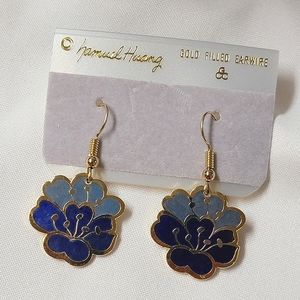 NEW Vintage Samuel Huang Cloisonne Flower Earrings Gold Filled
